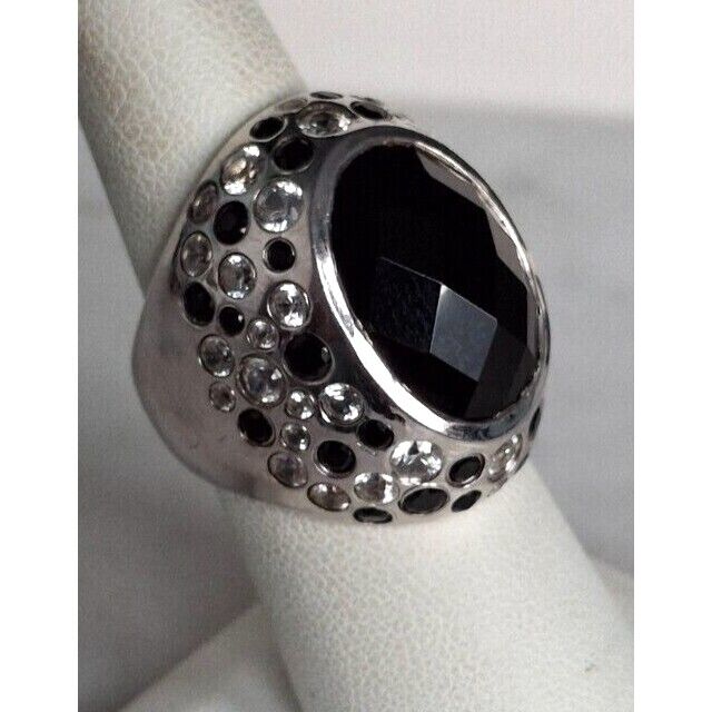 HUGE 925 STERLING SILVER BLACK TOURMALINE  AND  COLORLESS  TOPAZ  SIZE 7 SKY