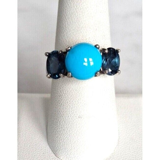 925 STERLING SILVER TURQUOISE  AND BLUE SPINEL RING SIZE 8.75 SKY