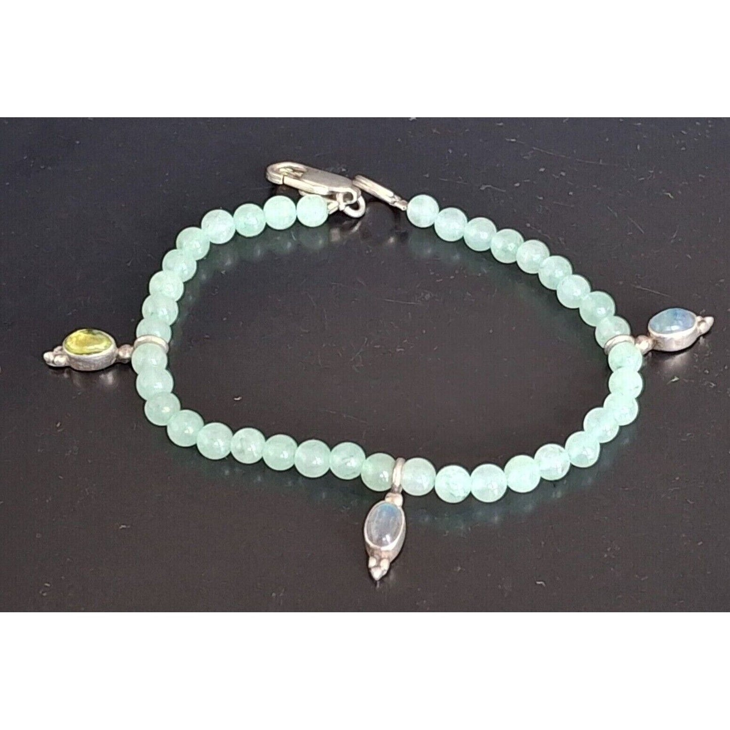 925 STERLING SILVER GREEN JADE BEADED CHARM  BRACELET SKY