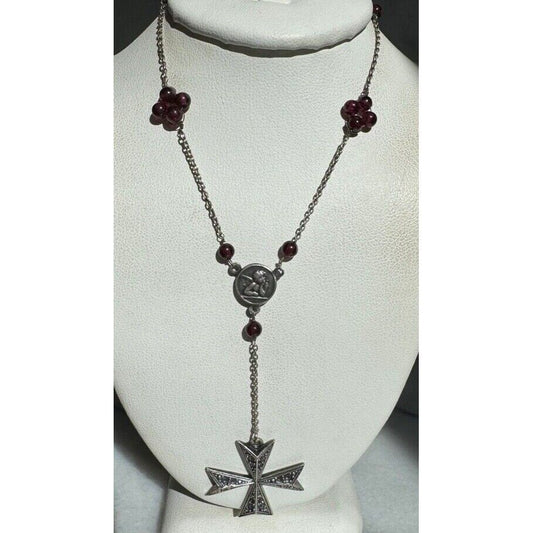 925 STERLING SILVER MALTESE CROSS AND SISTINE MADONNA ANGEL AMBER NECKLACE SKY