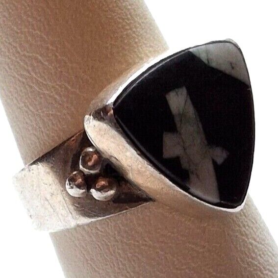 SHANO KELLEY 925 STERLING SILVER BLACK AND WHITE AGATE RING SIZE 7 SKY