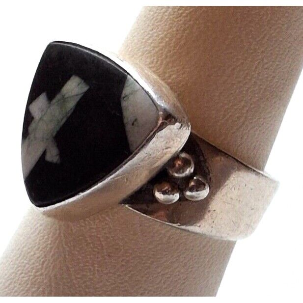 SHANO KELLEY 925 STERLING SILVER BLACK AND WHITE AGATE RING SIZE 7 SKY