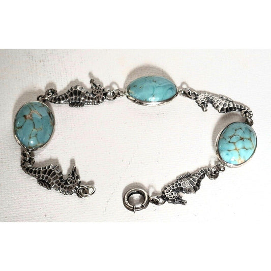 925 STERLING SILVER AND TURQUOISE  SEAHORSE LINKS BRACELET SKY