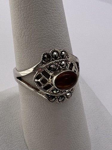 925 Sterling Silver Amber & Marcasite Ring Size 7