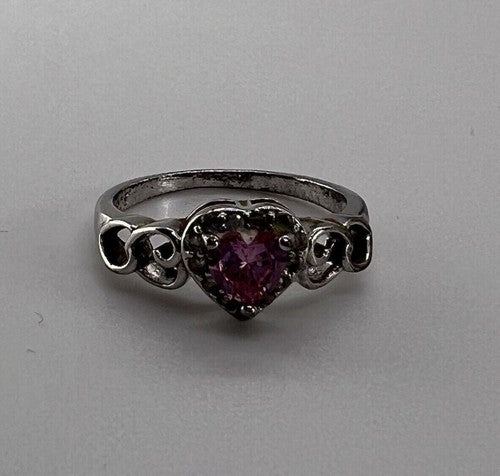 925 Sterling Silver & CZ Pink Heart Ring Size 6.5