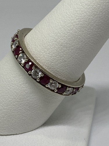 925 Sterling Silver Ruby & CZ Ring Size 8