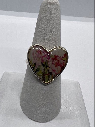 925 Sterling Silver Art Print Under Glass Cover "Heart" Ring Size 8.5