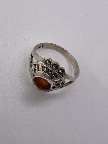 925 Sterling Silver Amber & Marcasite Ring Size 7