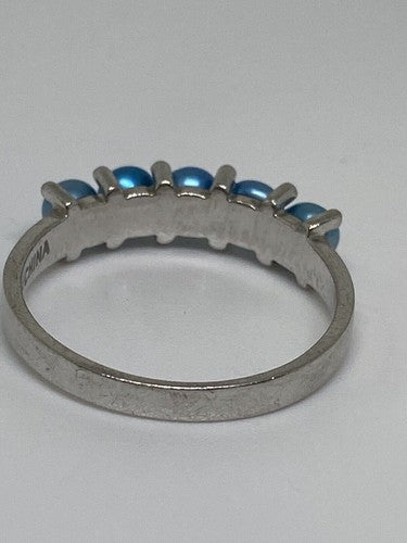 925 Sterling Silver With Simulated Teal Colored Pearls Ring Size-7