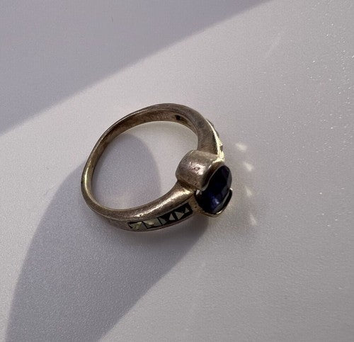 925 Sterling Silver Sapphire & Marcasite Ring Size 6.5