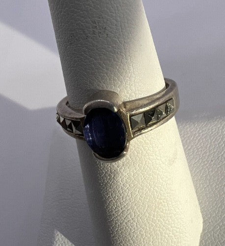 925 Sterling Silver Sapphire & Marcasite Ring Size 6.5