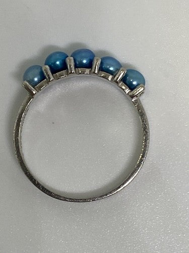 925 Sterling Silver With Simulated Teal Colored Pearls Ring Size-7