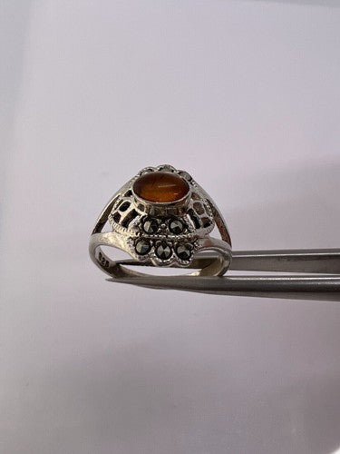 925 Sterling Silver Amber & Marcasite Ring Size 7
