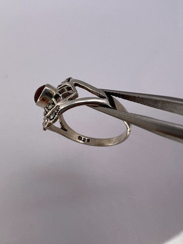 925 Sterling Silver Amber & Marcasite Ring Size 7