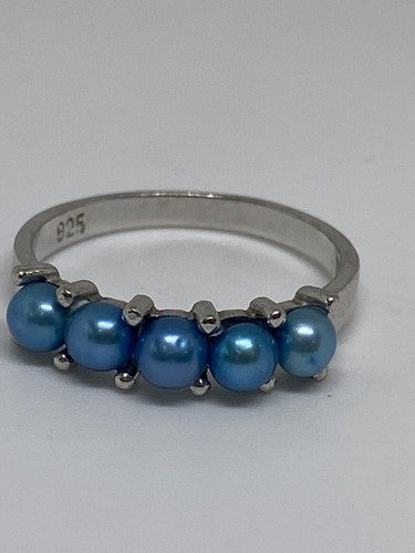 925 Sterling Silver With Simulated Teal Colored Pearls Ring Size-7