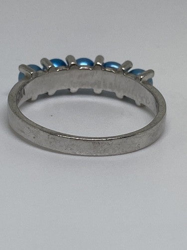 925 Sterling Silver With Simulated Teal Colored Pearls Ring Size-7