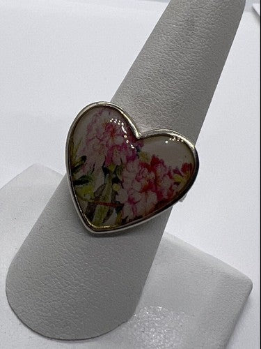 925 Sterling Silver Art Print Under Glass Cover "Heart" Ring Size 8.5
