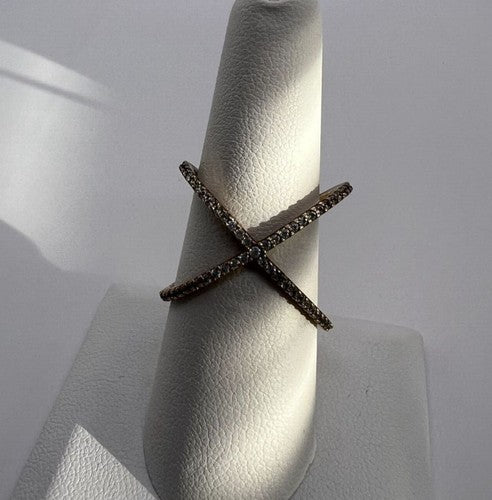925 Sterling Silver Gold Plated CZ Criss Cross Ring Size 7