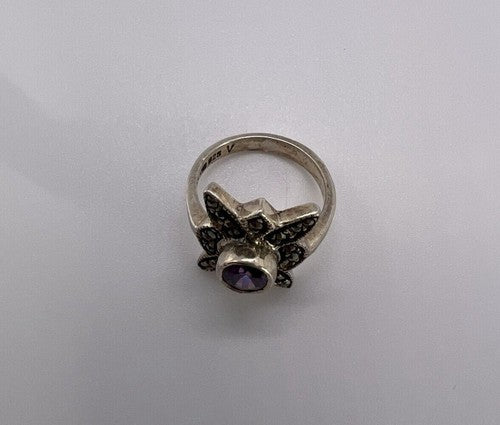 925 Sterling Silver Amethyst & Marcasite Ring Size 5