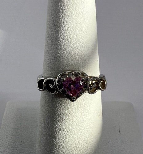 925 Sterling Silver & CZ Pink Heart Ring Size 6.5