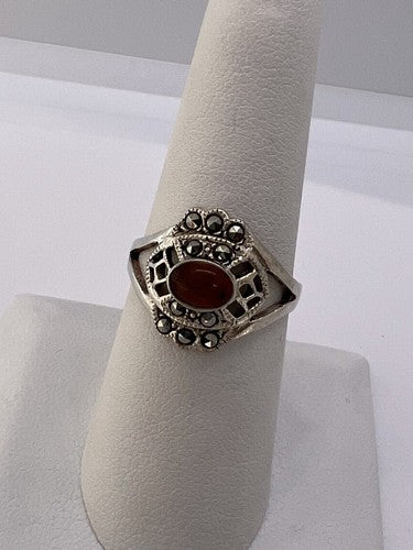 925 Sterling Silver Amber & Marcasite Ring Size 7