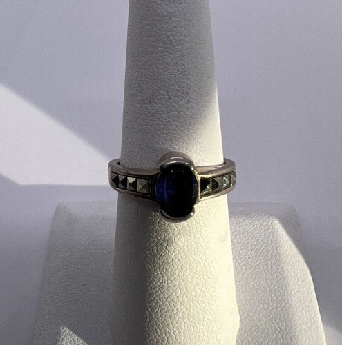 925 Sterling Silver Sapphire & Marcasite Ring Size 6.5