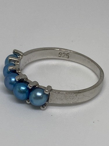 925 Sterling Silver With Simulated Teal Colored Pearls Ring Size-7