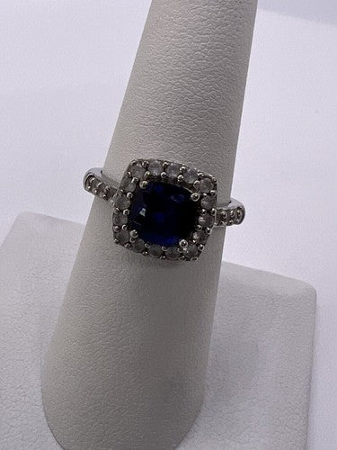 925 Sterling Silver Blue Spinel & White Beryl/Goshenite Ring Size 6.5