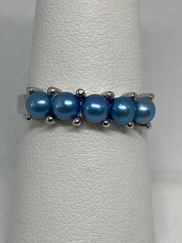 925 Sterling Silver With Simulated Teal Colored Pearls Ring Size-7