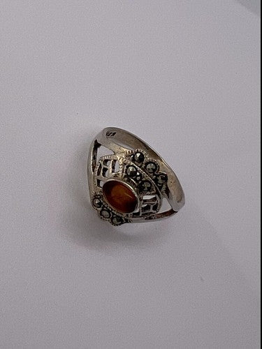 925 Sterling Silver Amber & Marcasite Ring Size 7
