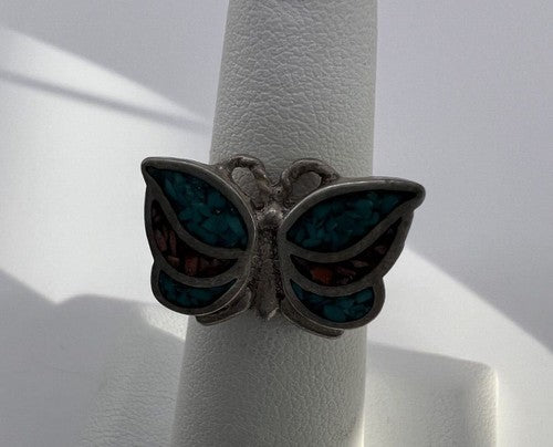 925 Sterling Silver & Opal Butterfly Ring Size 4.5