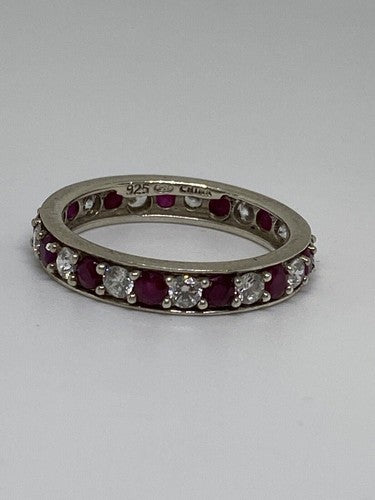 925 Sterling Silver Ruby & CZ Ring Size 8