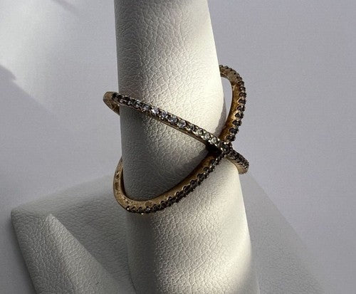 925 Sterling Silver Gold Plated CZ Criss Cross Ring Size 7
