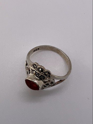 925 Sterling Silver Amber & Marcasite Ring Size 7