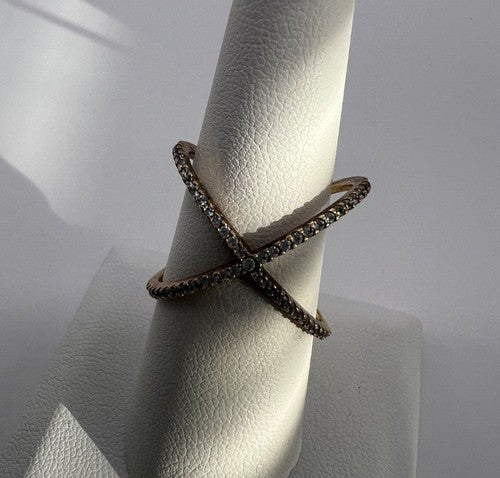 925 Sterling Silver Gold Plated CZ Criss Cross Ring Size 7