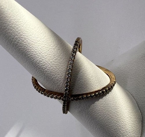 925 Sterling Silver Gold Plated CZ Criss Cross Ring Size 7