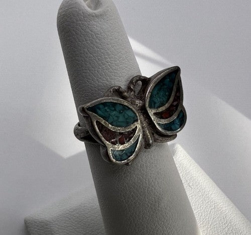 925 Sterling Silver & Opal Butterfly Ring Size 4.5