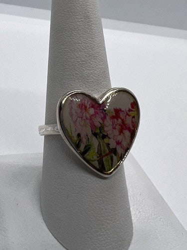 925 Sterling Silver Art Print Under Glass Cover "Heart" Ring Size 8.5