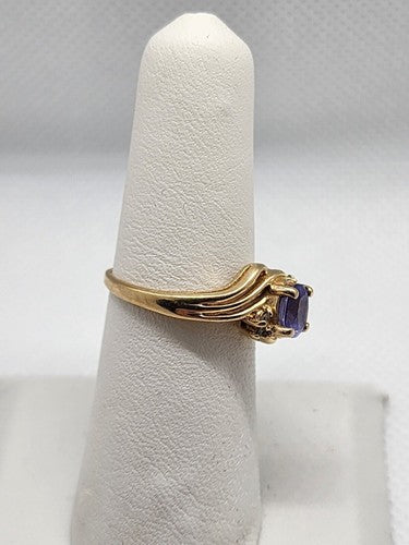14K YELLOW GOLD RING TANZANITE & DIAMOND SIZE 6
