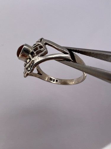 925 Sterling Silver Amber & Marcasite Ring Size 7