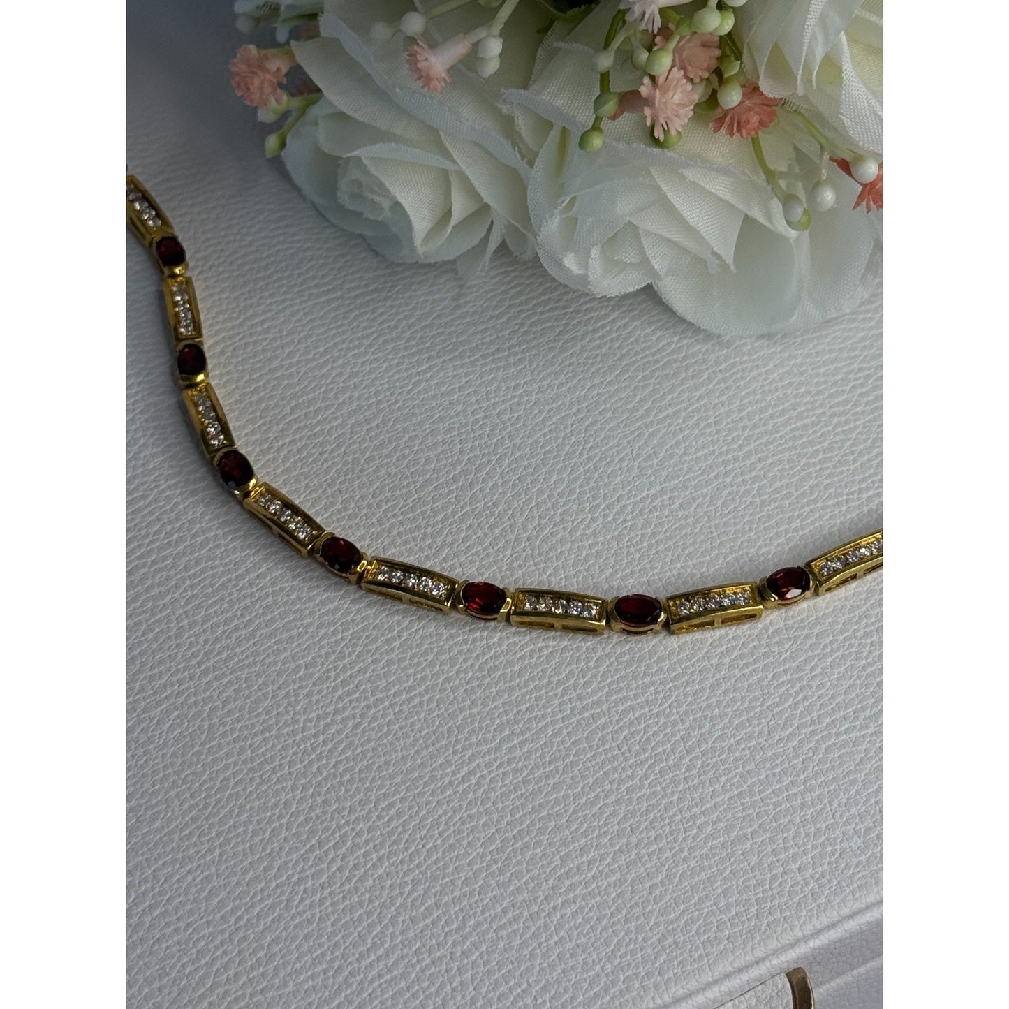 925 STERLING SILVER GOLD PLATED JJT GARNET & CZ BRACELET LENGTH 7.5
