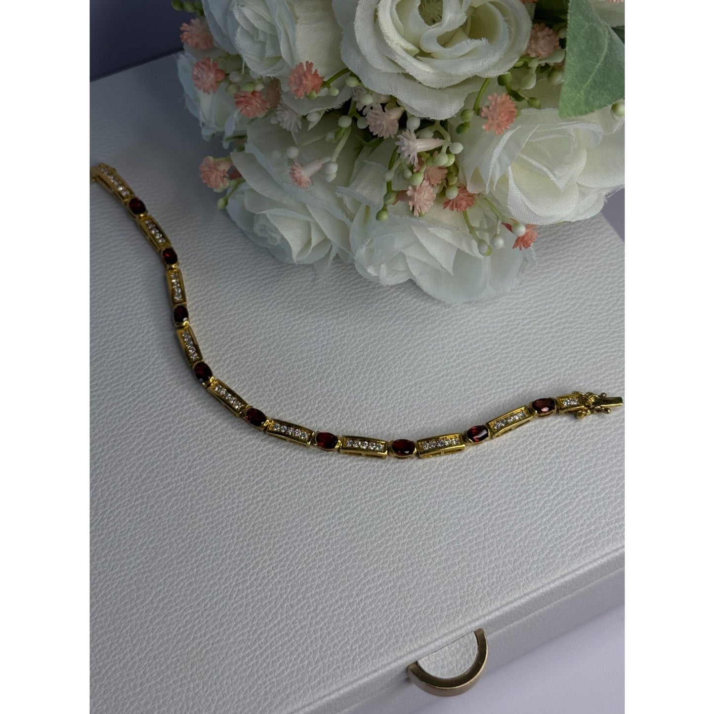 925 STERLING SILVER GOLD PLATED JJT GARNET & CZ BRACELET LENGTH 7.5
