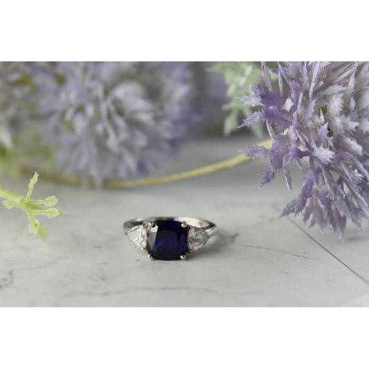 925 STERLING SILVER SAPPHIRE & CZ RING SIZE 6.5