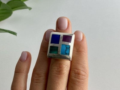 925 Sterling Silver Multicolor Agate Ring Size 5.5