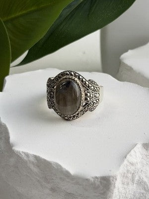 925 Sterling Silver Labradorite & Marcasite Ring Size 10