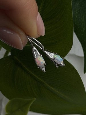 Art Deco Vintage 925 Sterling Silver Opal & Beryl Drop Earrings