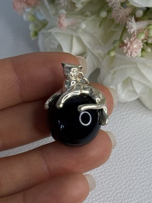 925 Sterling Silver Onyx Cat Pendant Length 1.20 Inch