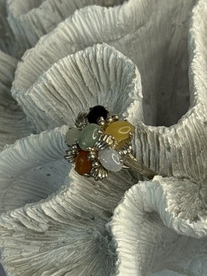 925 Sterling Silver 6 Colors Of Jade Flower Ring Size 8, 9