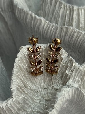 14K YELLOW GOLD DIAMONDS LEAF EARRINGS LENGTH 0.7 INCH