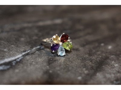 925 Sterling Silver Multi Gemstones "Flower" Ring Size 6.5